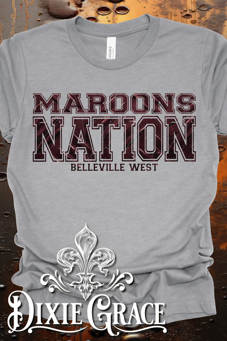 Belleville West Maroons Nation - Dark Heather Gray - Sweatshirt and Hoodie Option - Graphic Tee