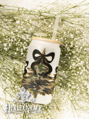 Black Ribbon Camo Trees - Frosted 16 oz Glass Can