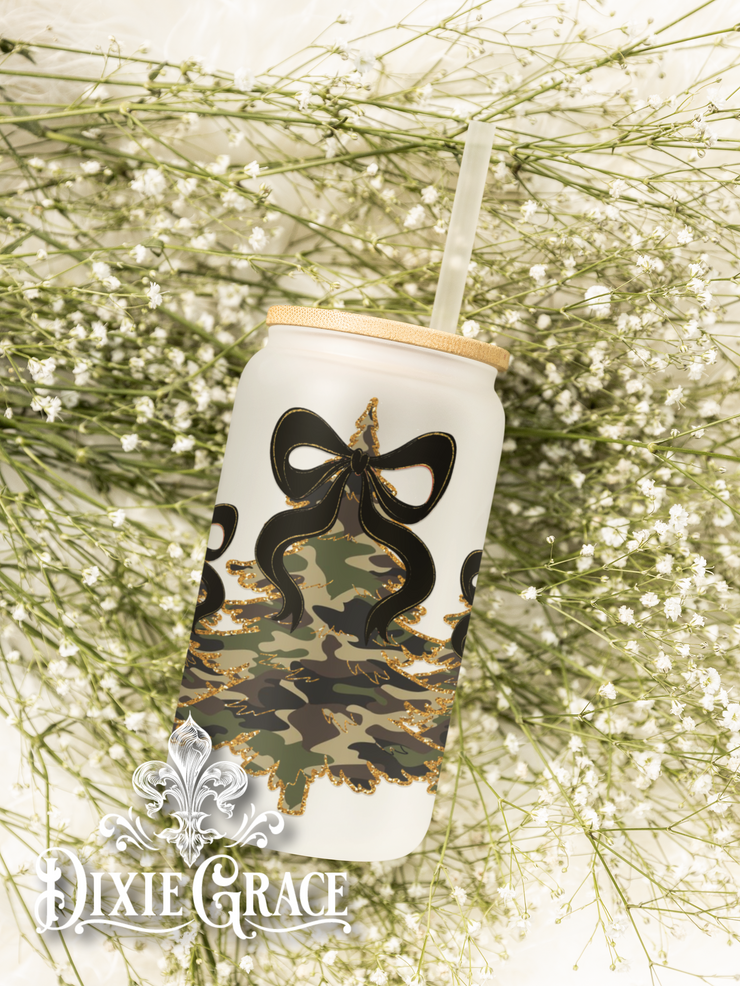 Black Ribbon Camo Trees - Frosted 16 oz Glass Can