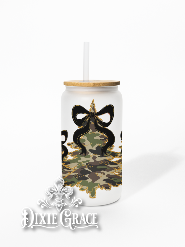 Black Ribbon Camo Trees - Frosted 16 oz Glass Can