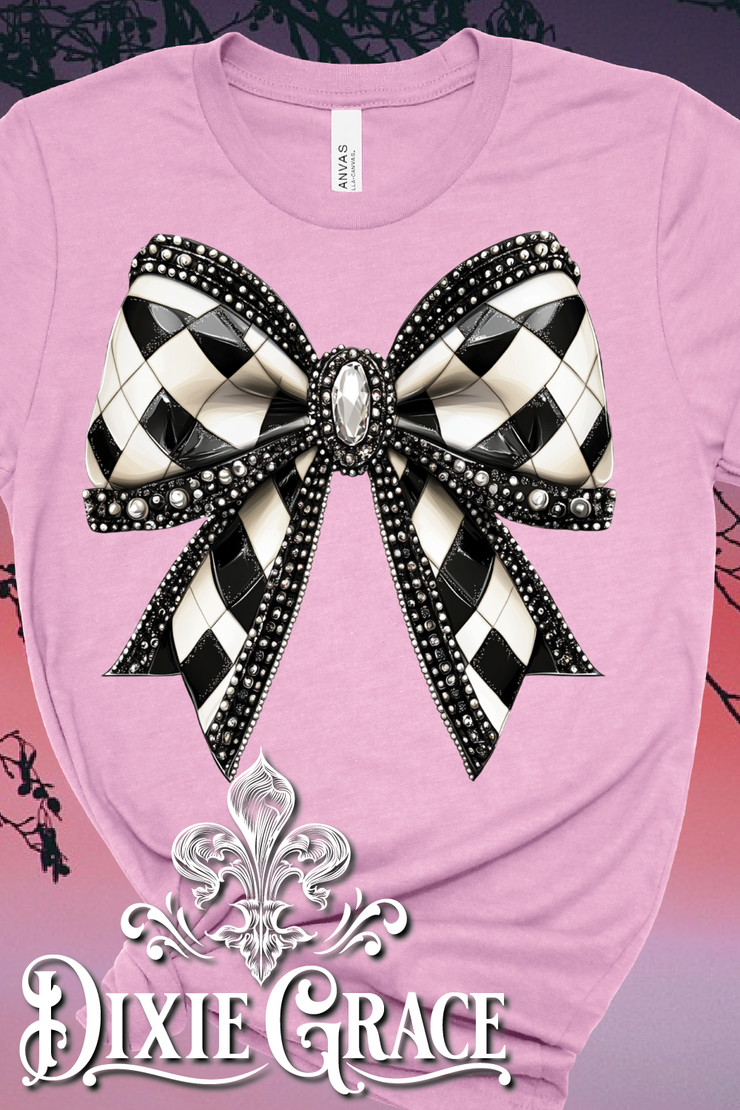 Black and White Bling Bow - Heather Bubble Gum Pink - Youth, Sweatshirt, Hoodie Option - Graphic Tee