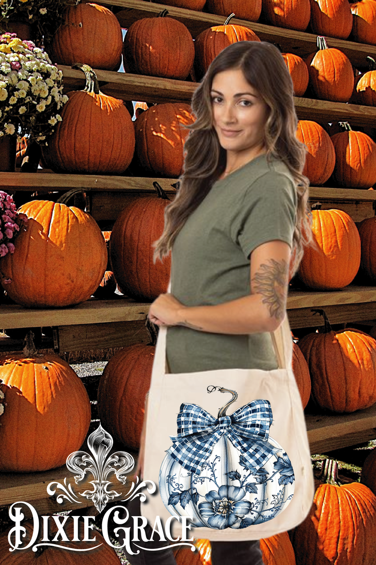 Blue Toile Pumpkin - Gift - Canvas - Two Options - Tote Bag