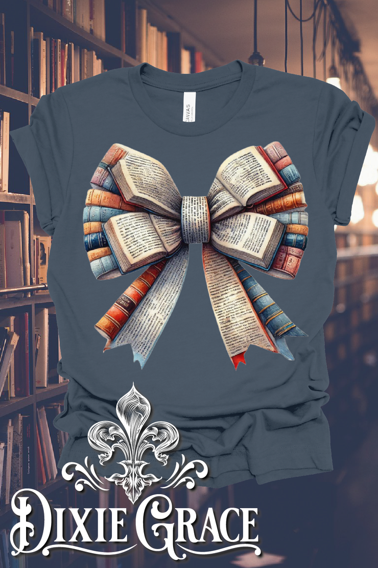 Book Bow - Heather Vintage Navy - Sweatshirt Option - Graphic Tee