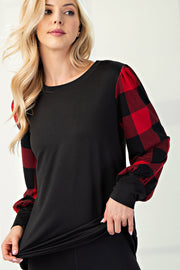 Classy Buffalo - Red Buffalo Plaid Sleeve Detail - Top