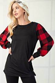 Classy Buffalo - Red Buffalo Plaid Sleeve Detail - Top