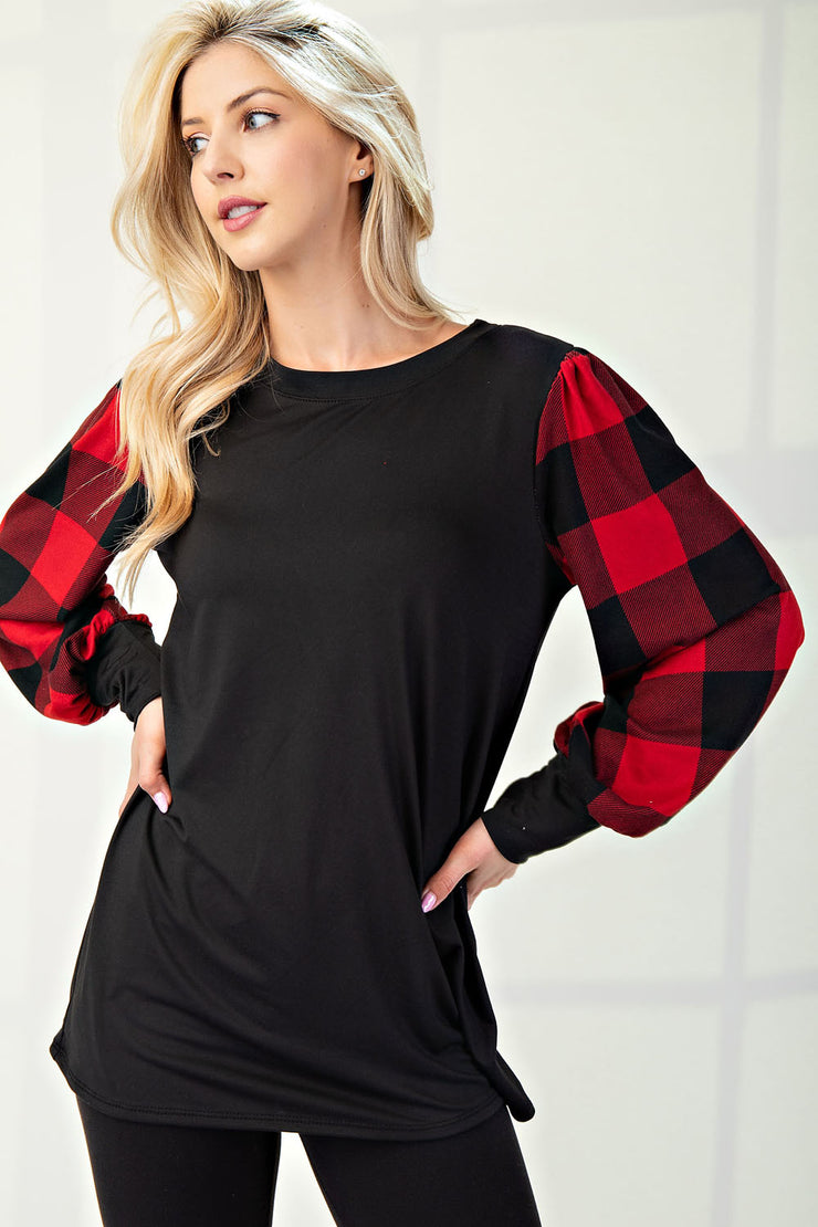 Classy Buffalo - Red Buffalo Plaid Sleeve Detail - Top