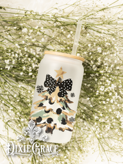 Camo Polka Dot Bow Tree - Frosted 16 oz Glass Can
