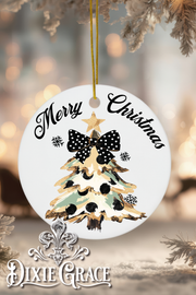 Camo Polka Dot Bow Tree - Round Ceramic Christmas Ornament