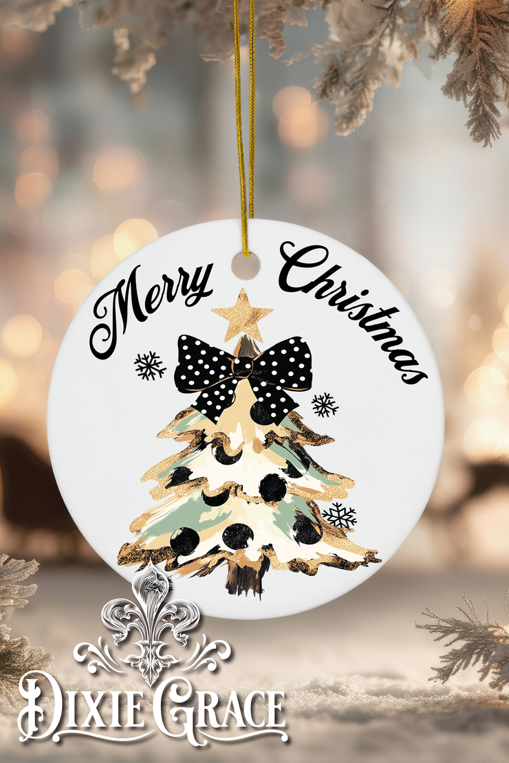 Camo Polka Dot Bow Tree - Round Ceramic Christmas Ornament