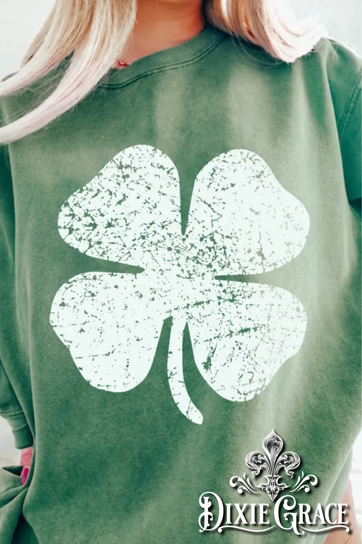 White Distressed Clover - Heath Dark Green  - Graphic Sweatshirt