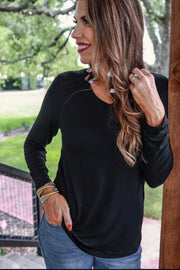 Luna - Black - Long Sleeve V-Neck - Top