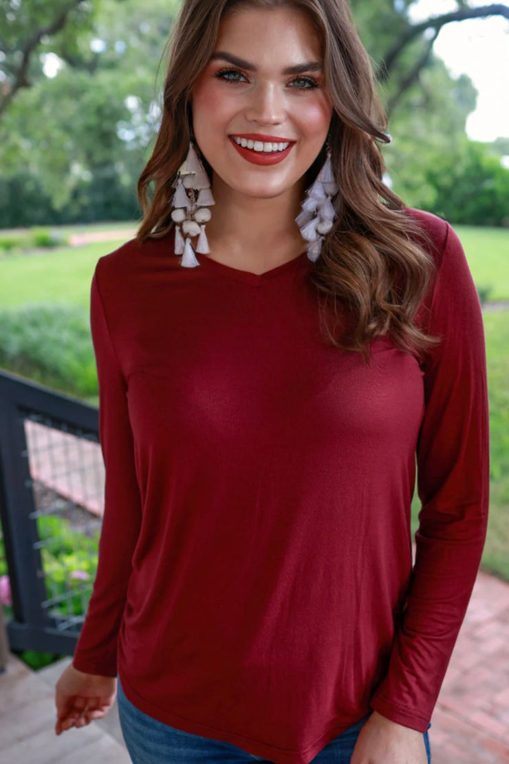 Layla - Maroon - Long Sleeve V-Neck - Top