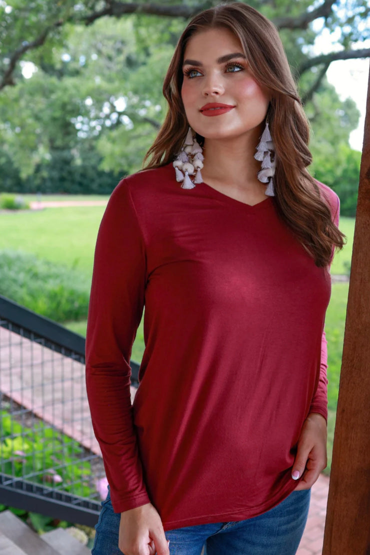 Layla - Maroon - Long Sleeve V-Neck - Top
