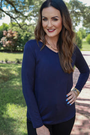 Lainey - Navy Blue - Long Sleeve V-Neck - Top