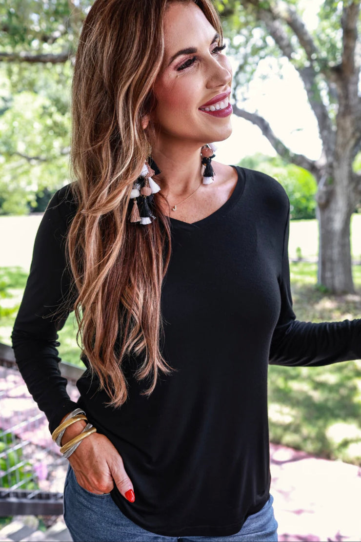 Luna - Black - Long Sleeve V-Neck - Top