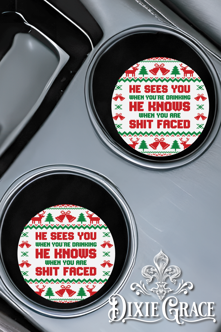 He Sees You When You're Drinking - Set of 2 - Car Coasters