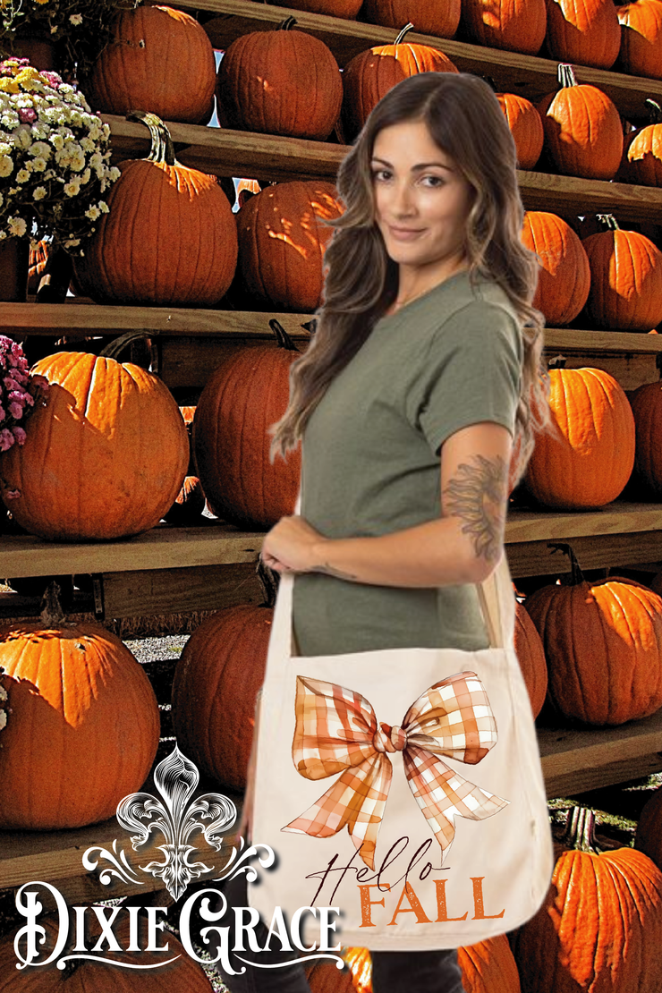 Hello Fall Checkered Bow - Gift - Canvas - Two Options - Tote Bag