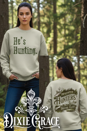 He's Hunting Deserted Wives Club - Natural/Sand - Long Sleeve, Sweatshirt Option - Graphic Tee