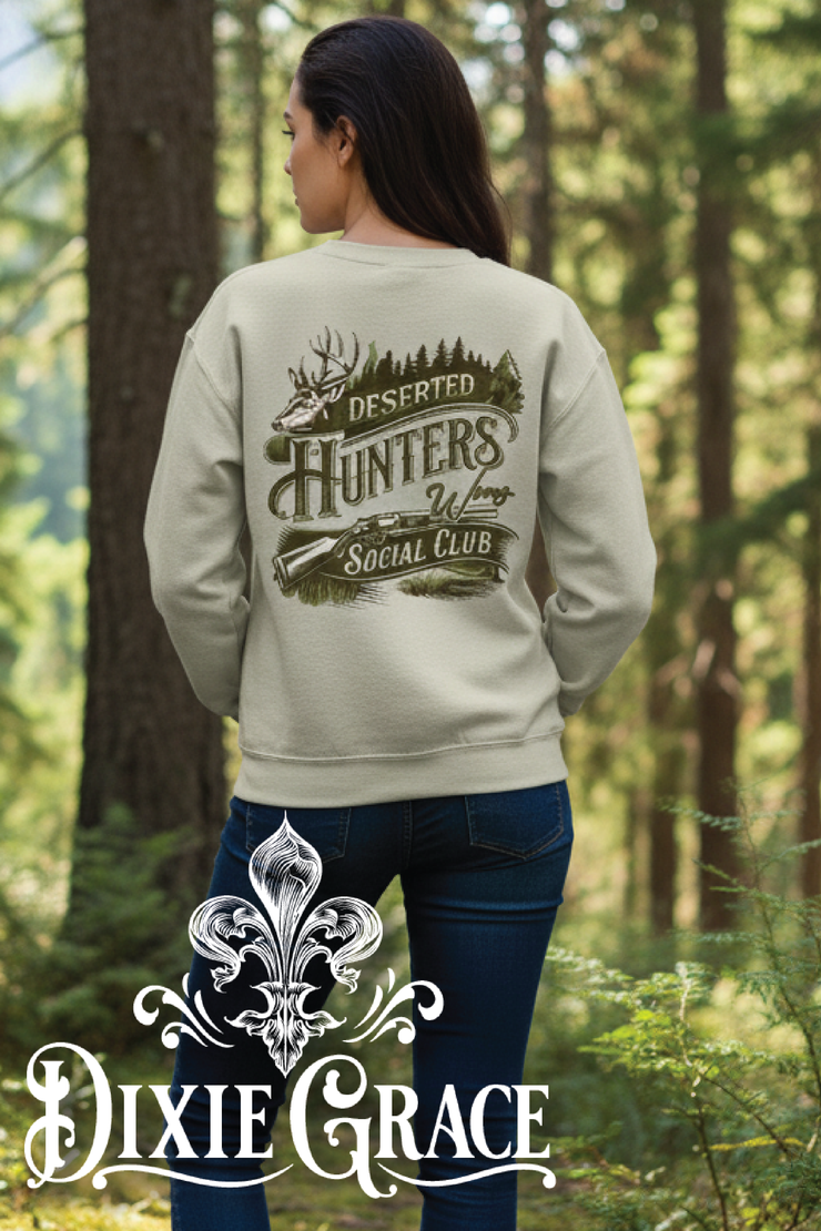 He's Hunting Deserted Wives Club - Natural/Sand - Long Sleeve, Sweatshirt Option - Graphic Tee