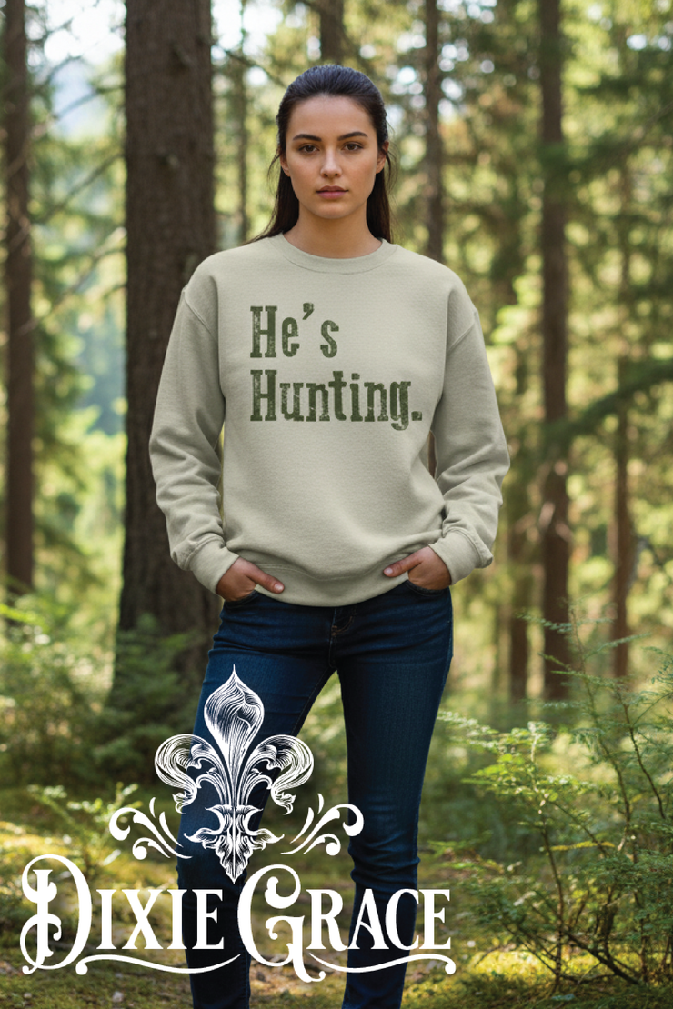 He's Hunting Deserted Wives Club - Natural/Sand - Long Sleeve, Sweatshirt Option - Graphic Tee