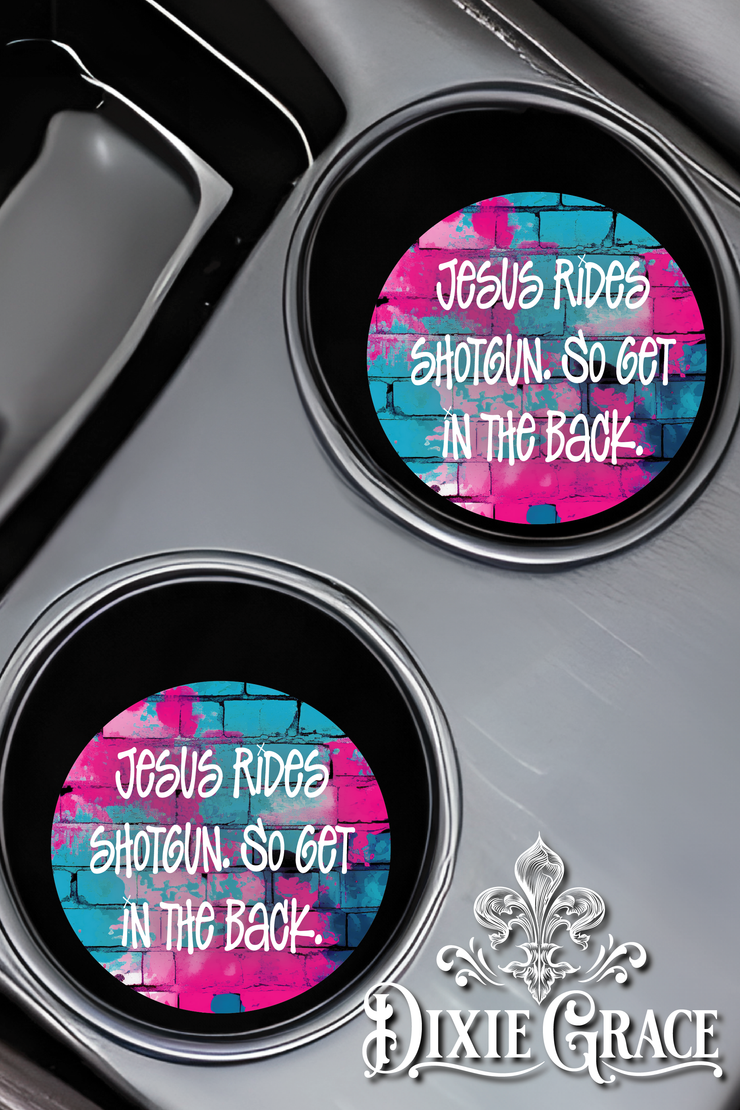 Jesus Rides Shotgun So Get In The Back - Set of 2 - Car Coasters