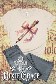 Lace Bow & Pencil Bow - Natural - Personalization Option - Graphic Tee