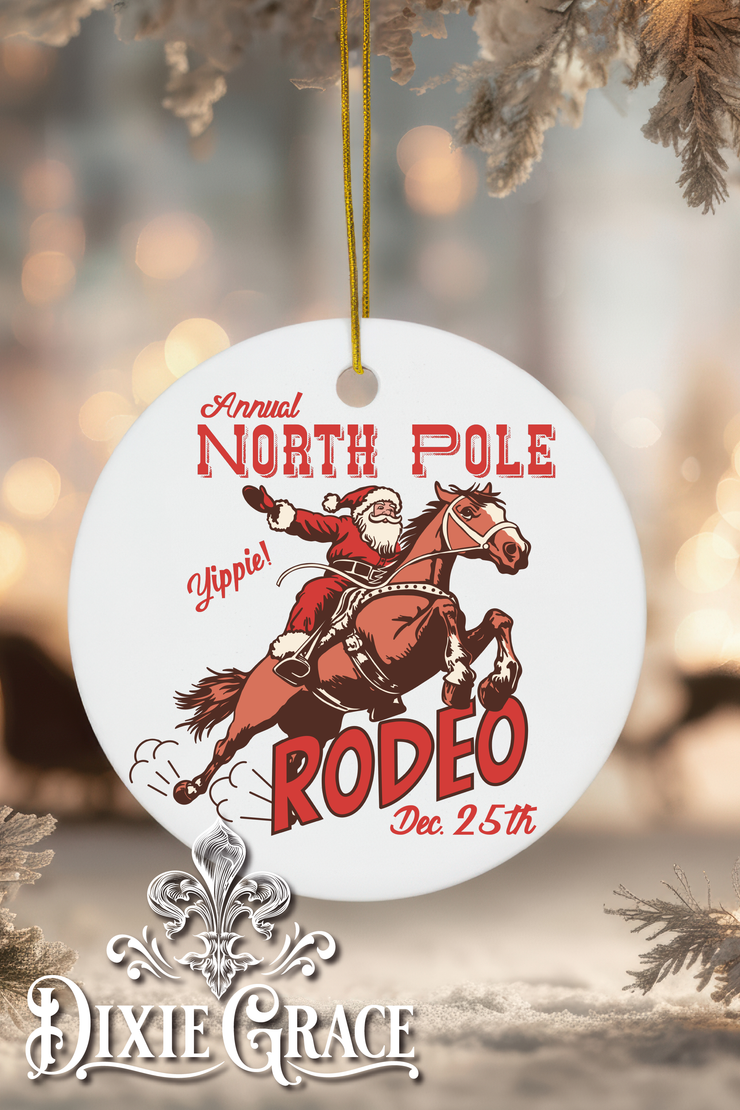 North Pole Rodeo - Round Ceramic Christmas Ornament