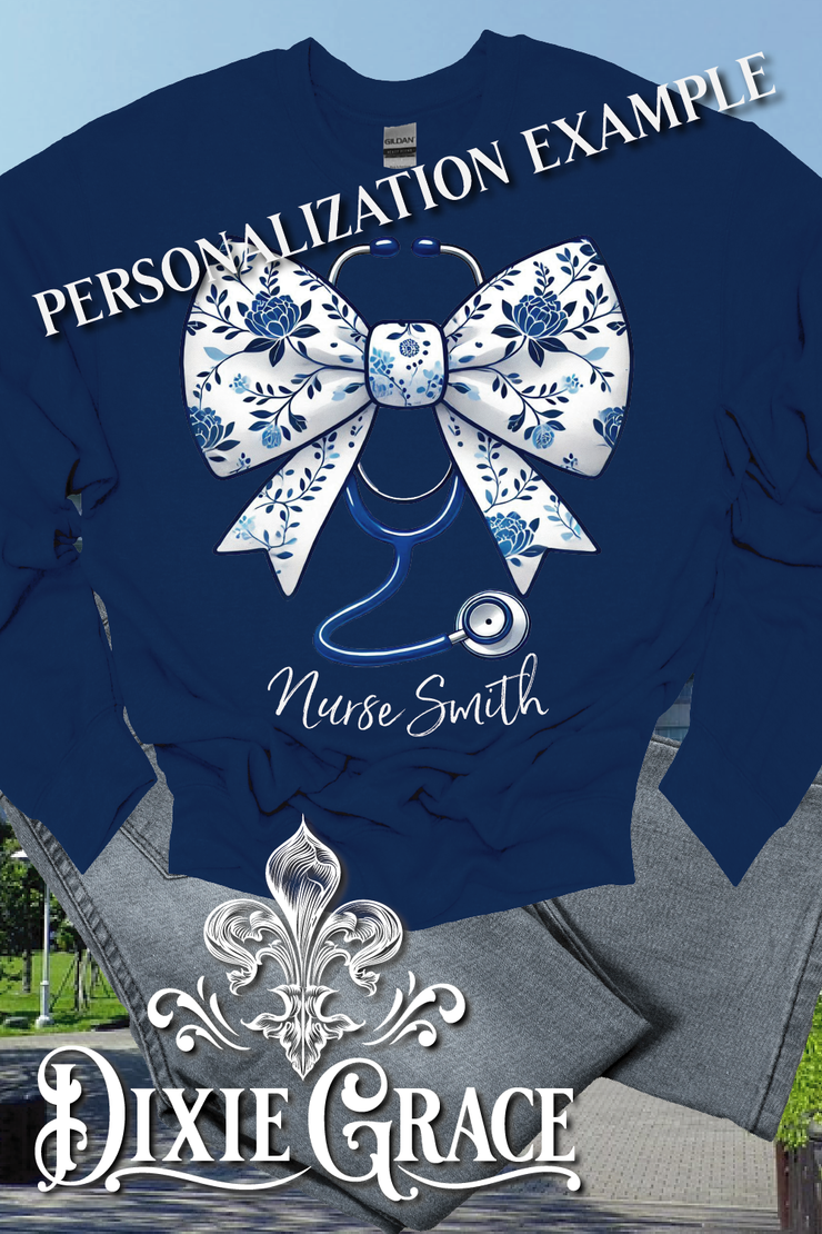 Blue Toile Bow w/ Steth - Navy - Personalization Option - Graphic Tee