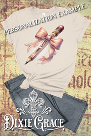 Lace Bow & Pencil Bow - Natural - Personalization Option - Graphic Tee