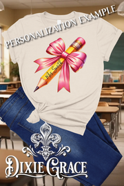 Pink Bow & Pencil - Natural - Personalization Option - Graphic Tee