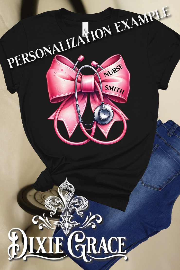 Pink Bow w/ Steth - Black - Personalization Option - Graphic Tee