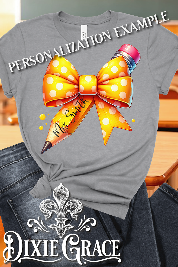 Yellow Bow & Pencil - Heather Gray - Personalization Option - Graphic Tee