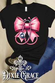 Pink Bow w/ Steth - Black - Personalization Option - Graphic Tee