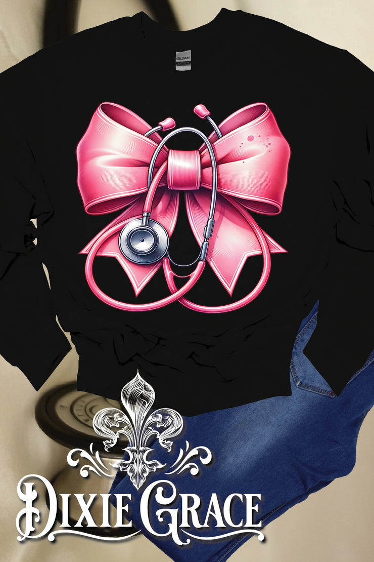 Pink Bow w/ Steth - Black - Personalization Option - Graphic Tee