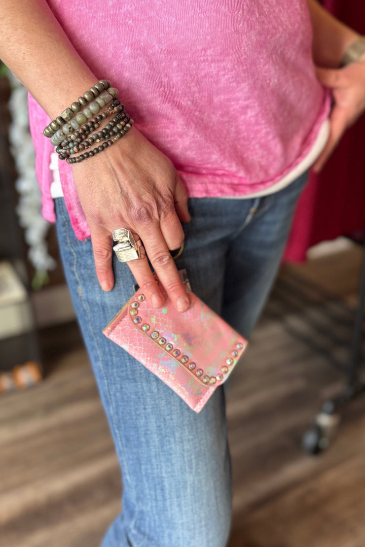 Sasha - Studded Pink Leather Credit Card Holder Clutch - Wallet