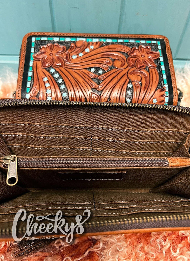 Star Lined - Turquoise - Tooled Leather - Clutch/Wallet