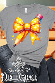 Yellow Bow & Pencil - Heather Gray - Personalization Option - Graphic Tee