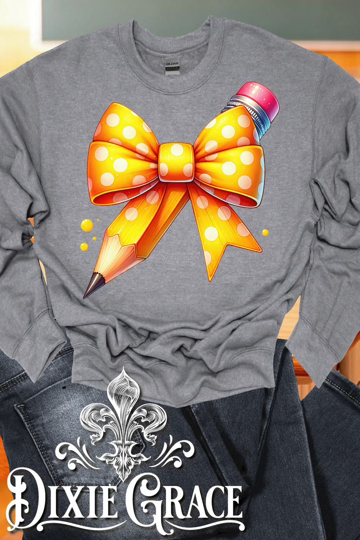 Yellow Bow & Pencil - Heather Gray - Personalization Option - Graphic Tee