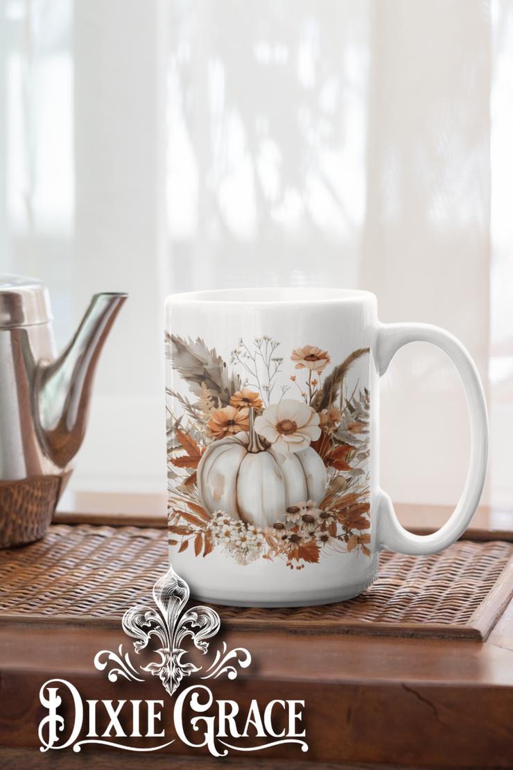 Boho White Pumpkin Floral - Large Coffee Mug