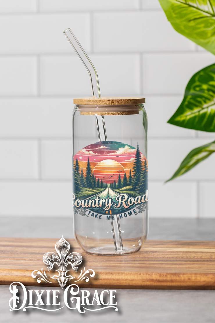 Country Roads - Two Sizes - Glass Can w/ Bamboo Lid & Glass Straw