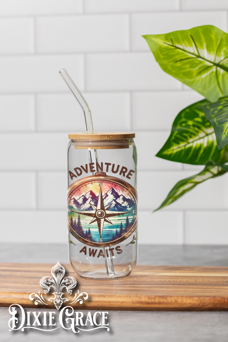 Adventure Awaits - Two Sizes - Glass Can w/ Bamboo Lid & Glass Straw