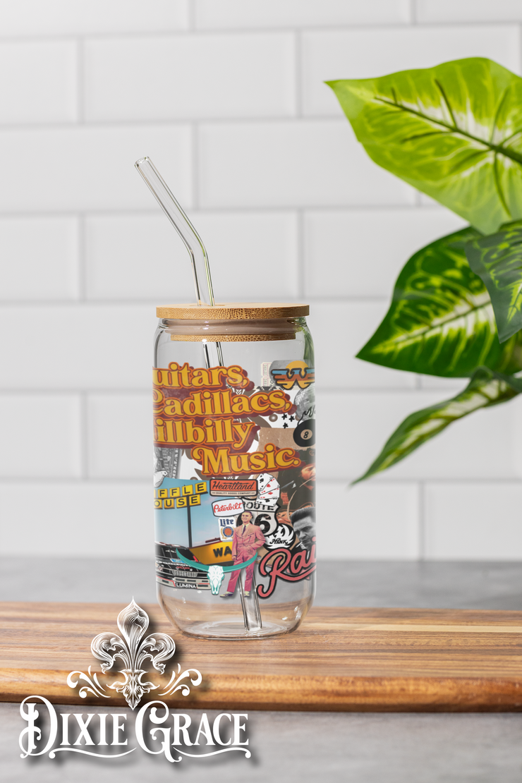 Hillbilly Music Collage - Two Sizes - Glass Can w/ Bamboo Lid & Glass Straw