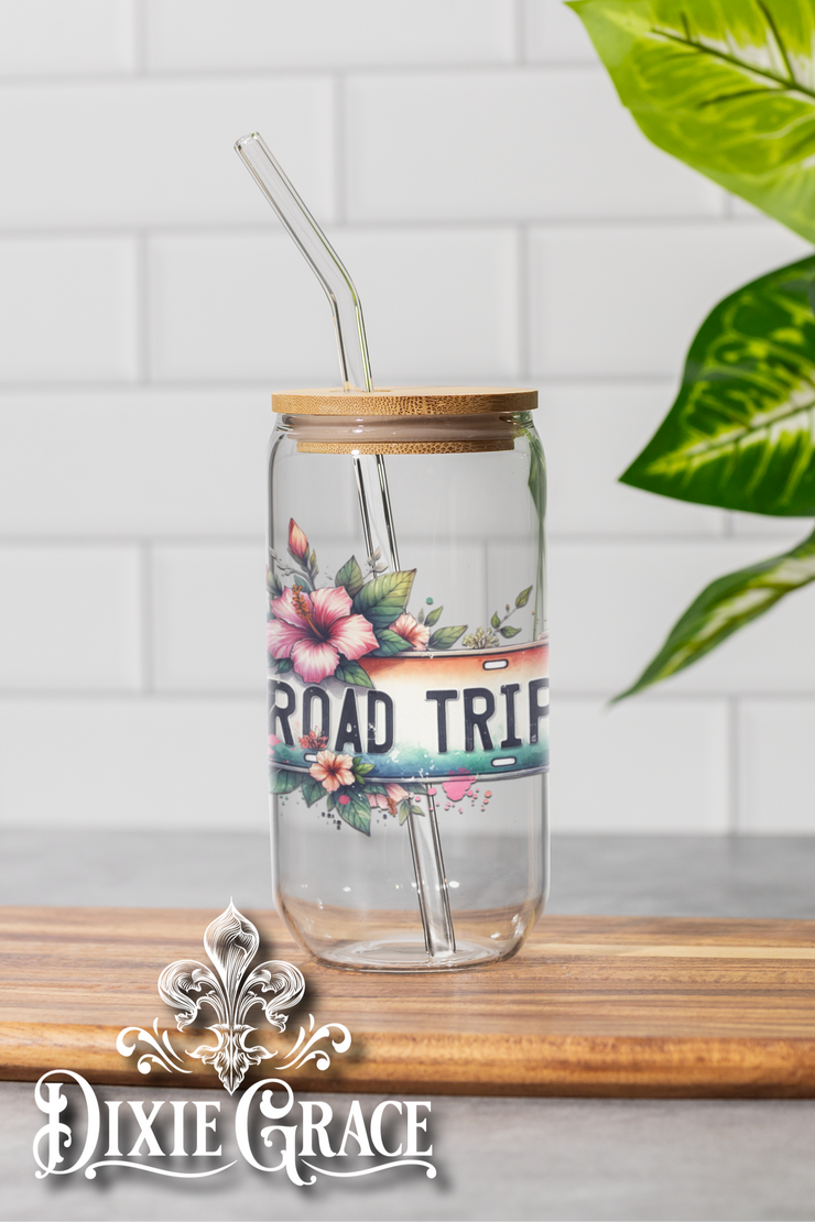 Road Trip - Two Sizes - Glass Can w/ Bamboo Lid & Glass Straw