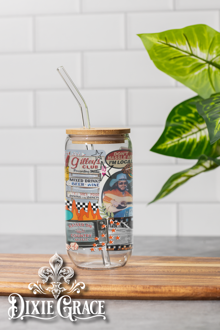 Country Music Collage - Two Sizes - Glass Can w/ Bamboo Lid & Glass Straw