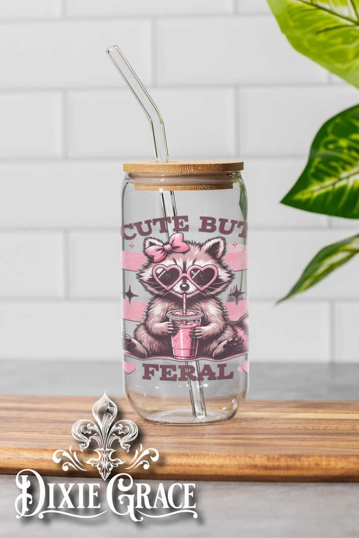 Cute But Feral - Two Sizes - Glass Can w/ Bamboo Lid & Glass Straw