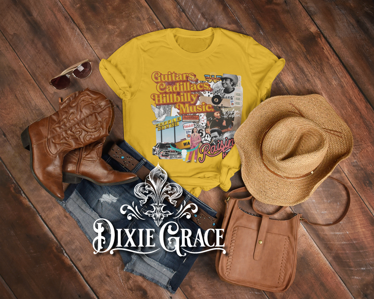 Hillbilly Music Collage - Mustard - Youth, Tank, Sweatshirt, Hoodie Option - Graphic Tee