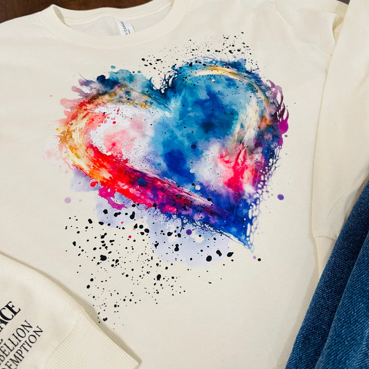 Watercolor Heart with Splatter - Long Sleeve - Graphic Tee