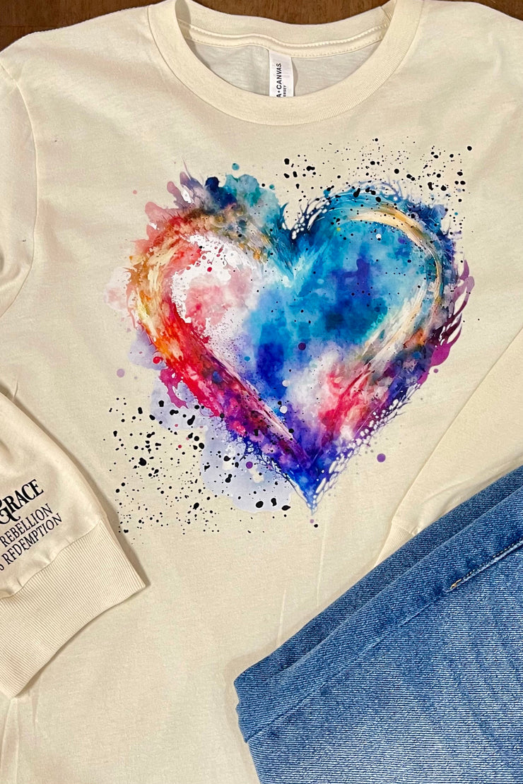 Watercolor Heart with Splatter - Long Sleeve - Graphic Tee