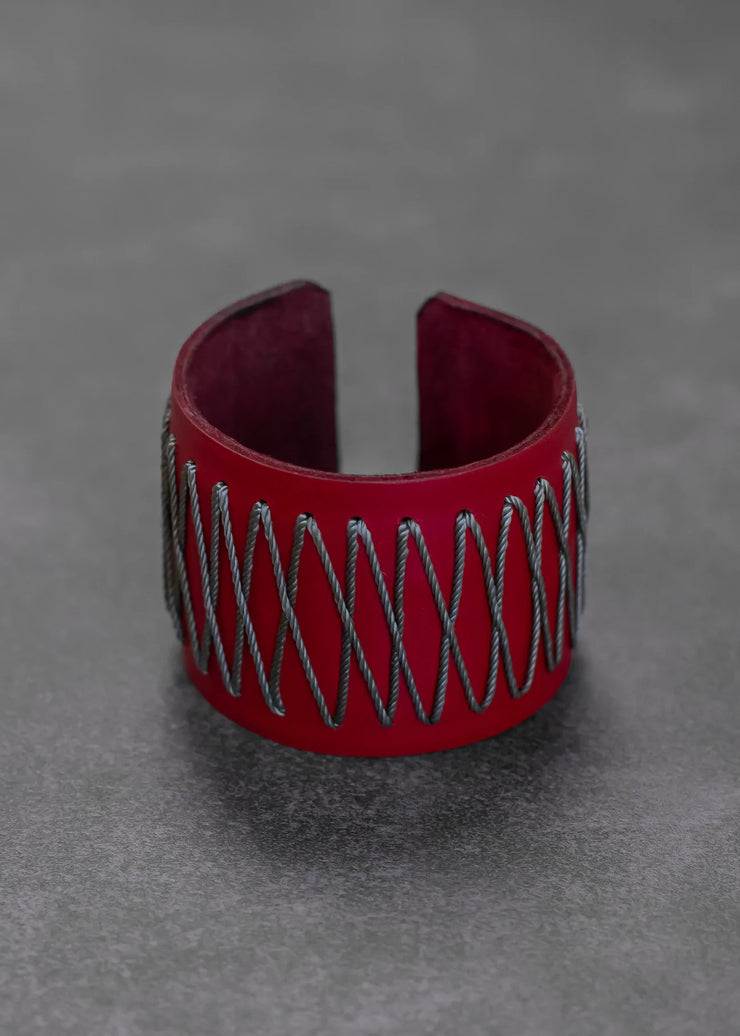 Elisha - Red Leather Detail Adjustable Cuff - Bracelet